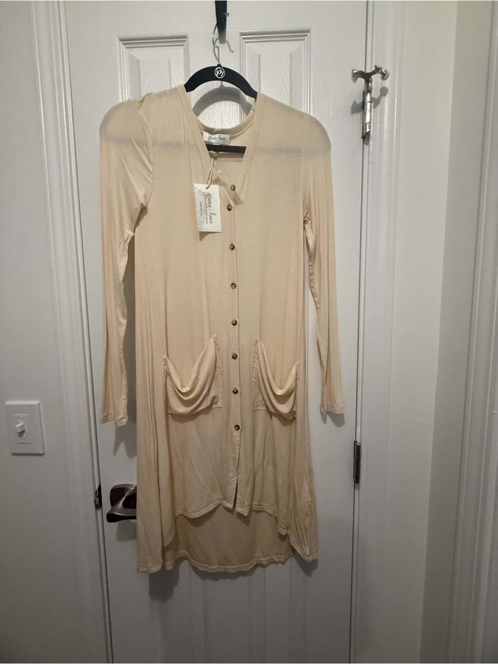 Grace and Lace Light Cream Long Sleeve Button-Front Duster Cardi with Pockets